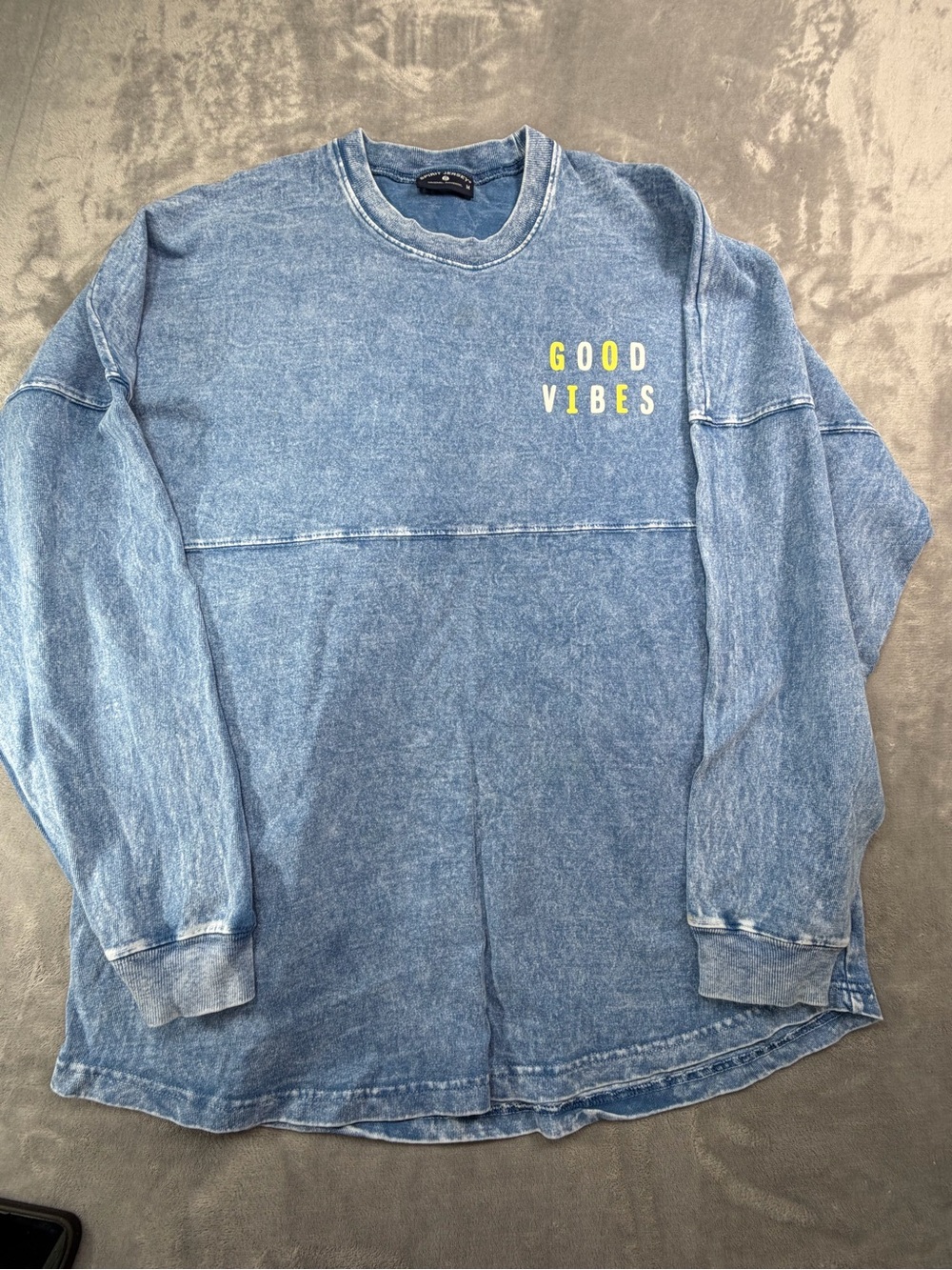100% Cotton Spirit Blue Mineral-Wash Long Sleeve "Good Vibes" Shirt Fall Beach M